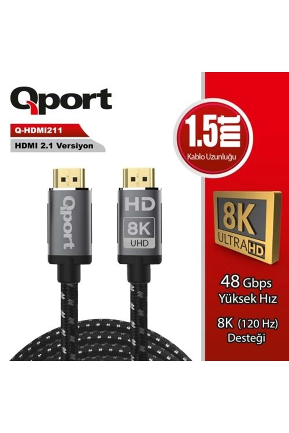 Kablo Qport Q-HDMI211 Altın Uç Örgülü Hdmı 2.1v 1.5mt