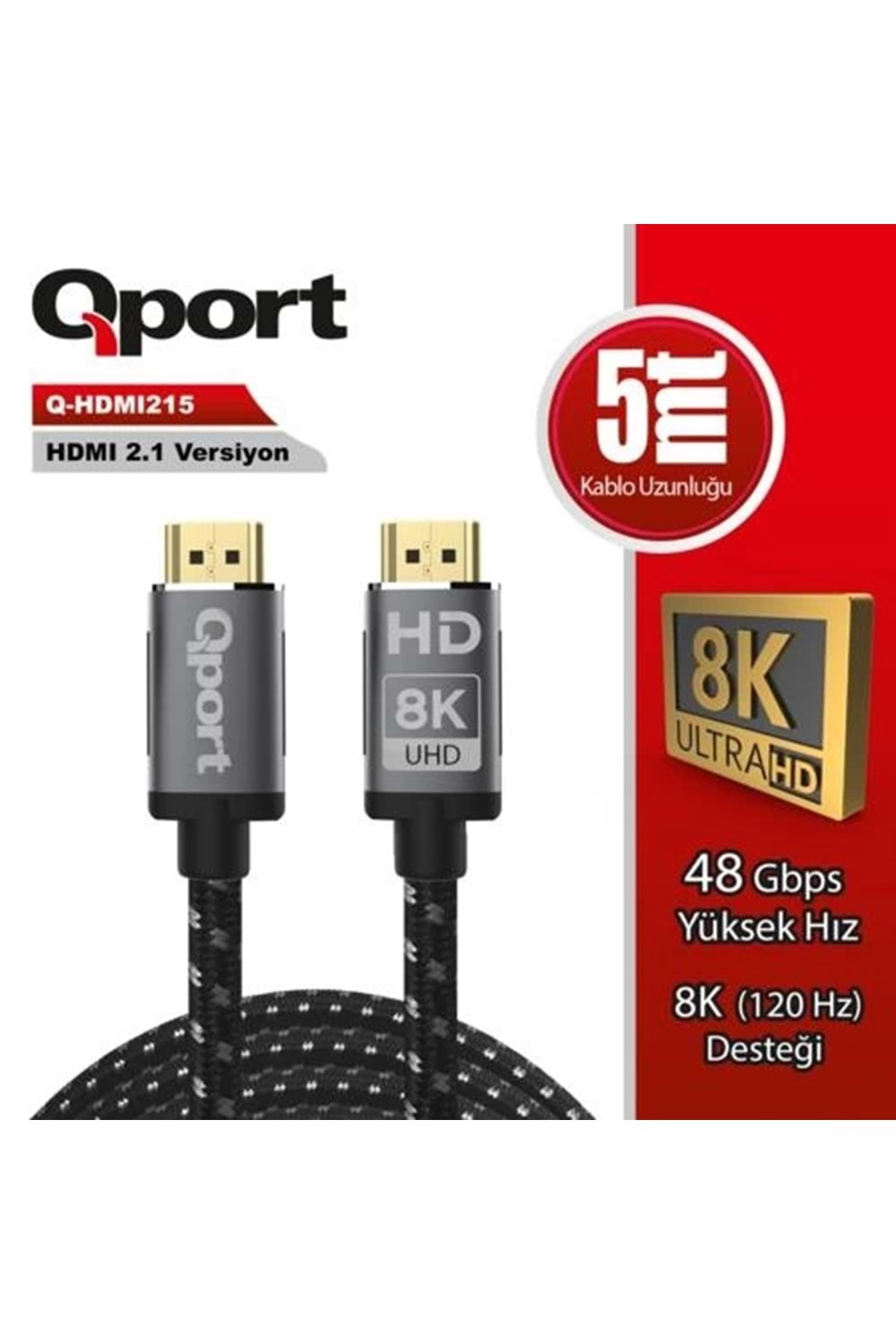 KABLO QPORT Q-HDMI215 5MT Altın Uçlu Örgülü 2.1V/8K/Altın Uçlu