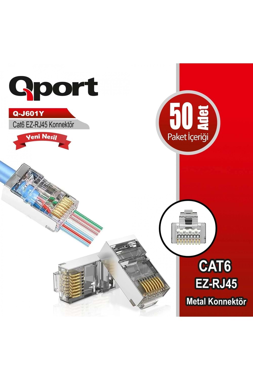 Qport Q-J601Y CAT6 50'lik Paket EZ-RJ45 Metal Yeni Nesil Konnektör