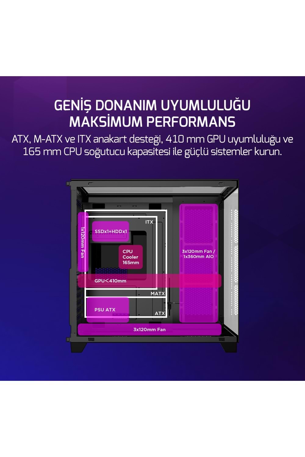 Kasa GamePower Warcry TopGlass 650W+ Psu 4xARGB Temperli Cam ATX Siyah