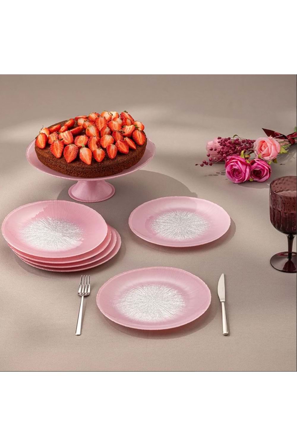 EMSAN PASTEL 7 PARÇA CAM PASTA/TATLI SETİ PEMBE