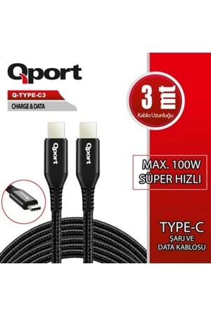 Qport Q-TYPE-C3 3m Type-C 100w Süper Hızlı PD Şarj ve Data Kablosu