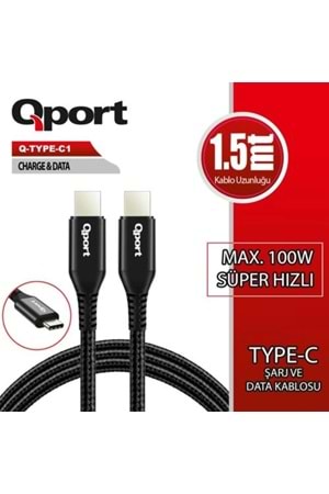 Qport Q-TYPE-C1 1,5m Type-C 100w Süper Hızlı PD Şarj ve Data Kablosu