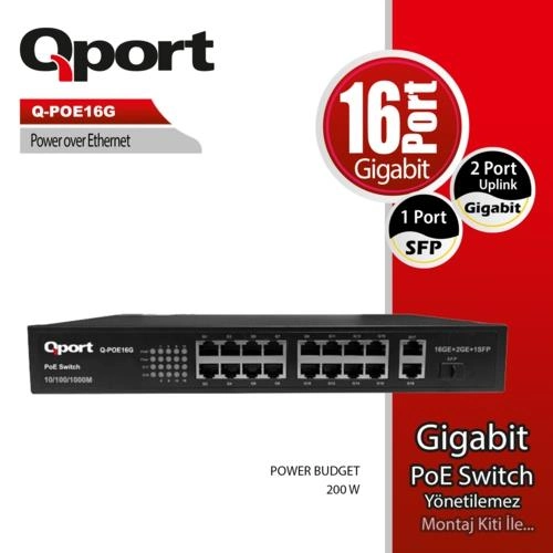 Qport Q-POE16G 16 Port 10/100/1000 2 Port 10/100/1000 Uplink 1 Port SF