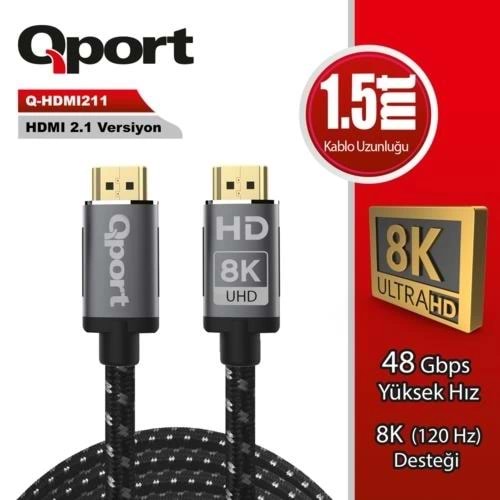 Kablo Qport Q-HDMI211 Altın Uç Örgülü Hdmı 2.1v 1.5mt
