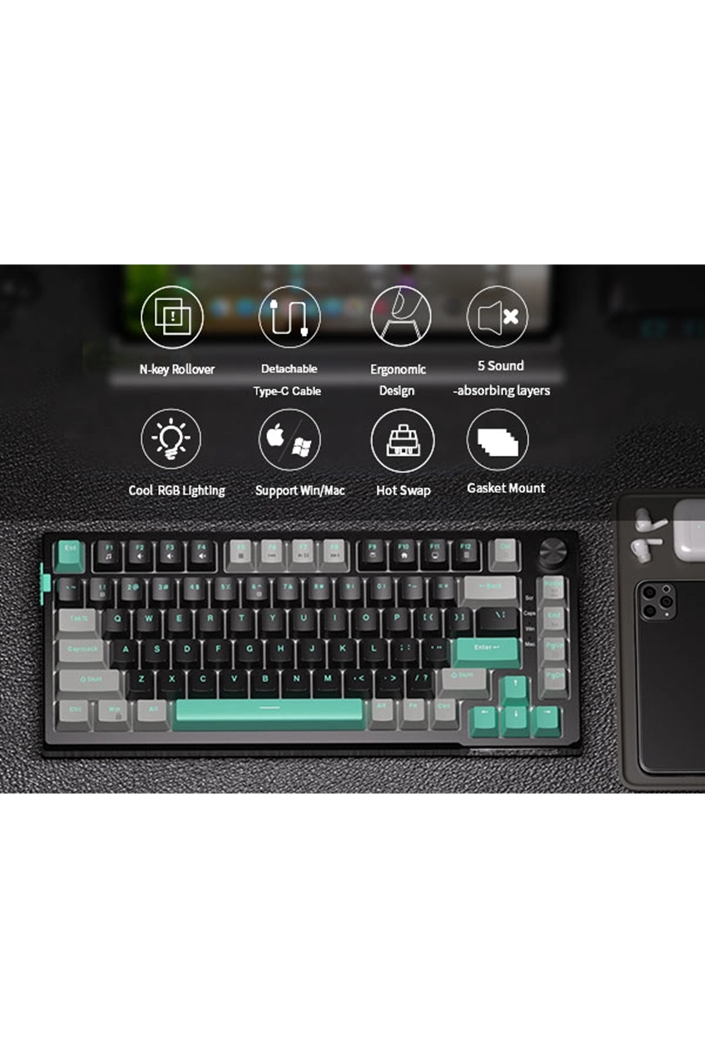 MageGee SKY81 83 Tuş Kablolu RGB Hot-Swap Gasket Gri-Siyah Gaming